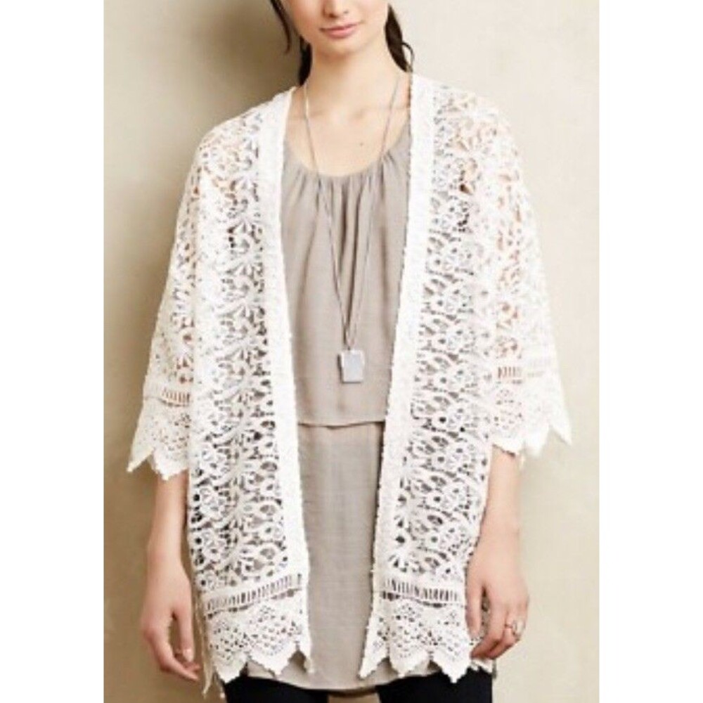 Anthropologie Delina Lace Cardigan Jacket Sunday in Brooklyn Sz S White Crochet